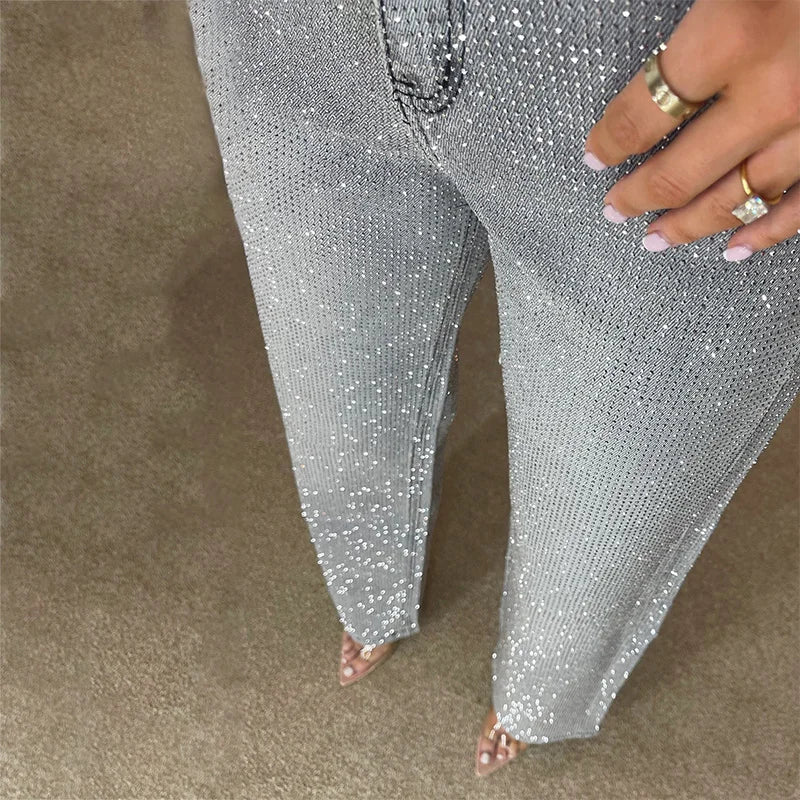 Y2K Shiny Rhinestone Wide Leg Jeans – High Street Full Diamond Denim for Women