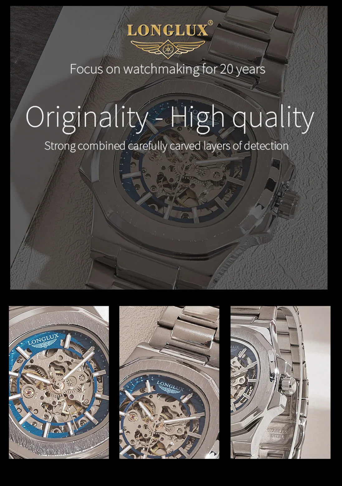 LONGLUX Luxury Automatic Skeleton Watch – Stainless Steel Waterproof Mechanical Timepiece for Men