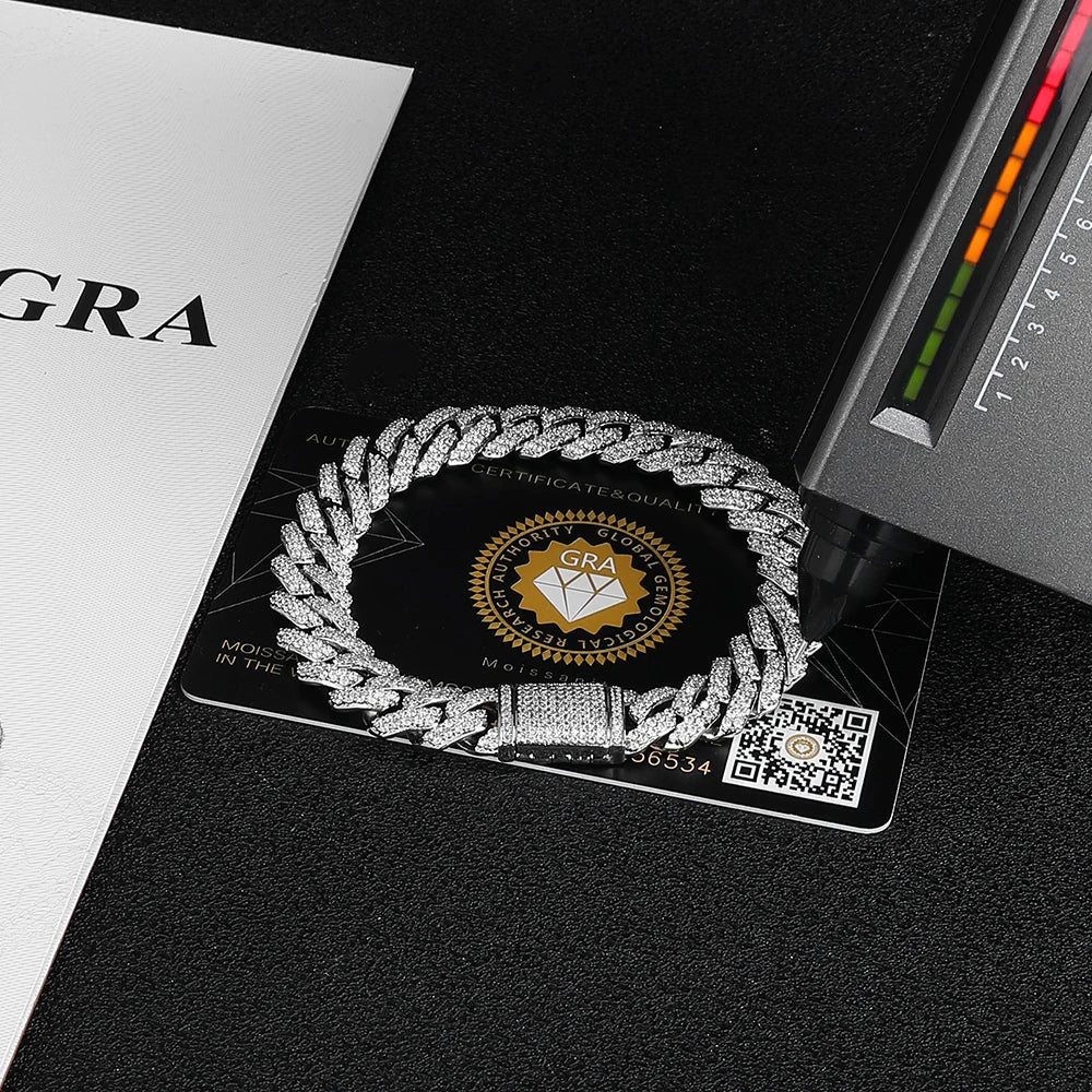Miami Cuban Link Bracelet – Luxury 925 Silver Pulseira Masculina com Pedras VVS Moissanite | GRA Certified Iced-Out Dripication