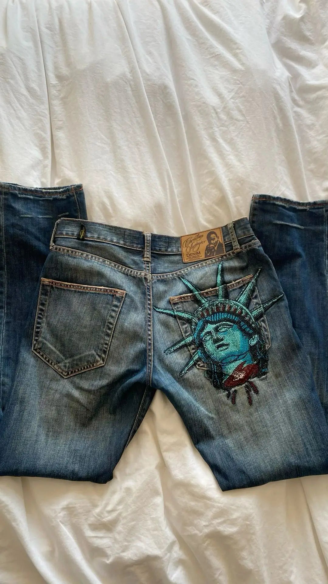 Vintage Statue of Liberty Diamond Jeans – High Waist Wide Leg Y2K Harajuku Denim Pants for Women