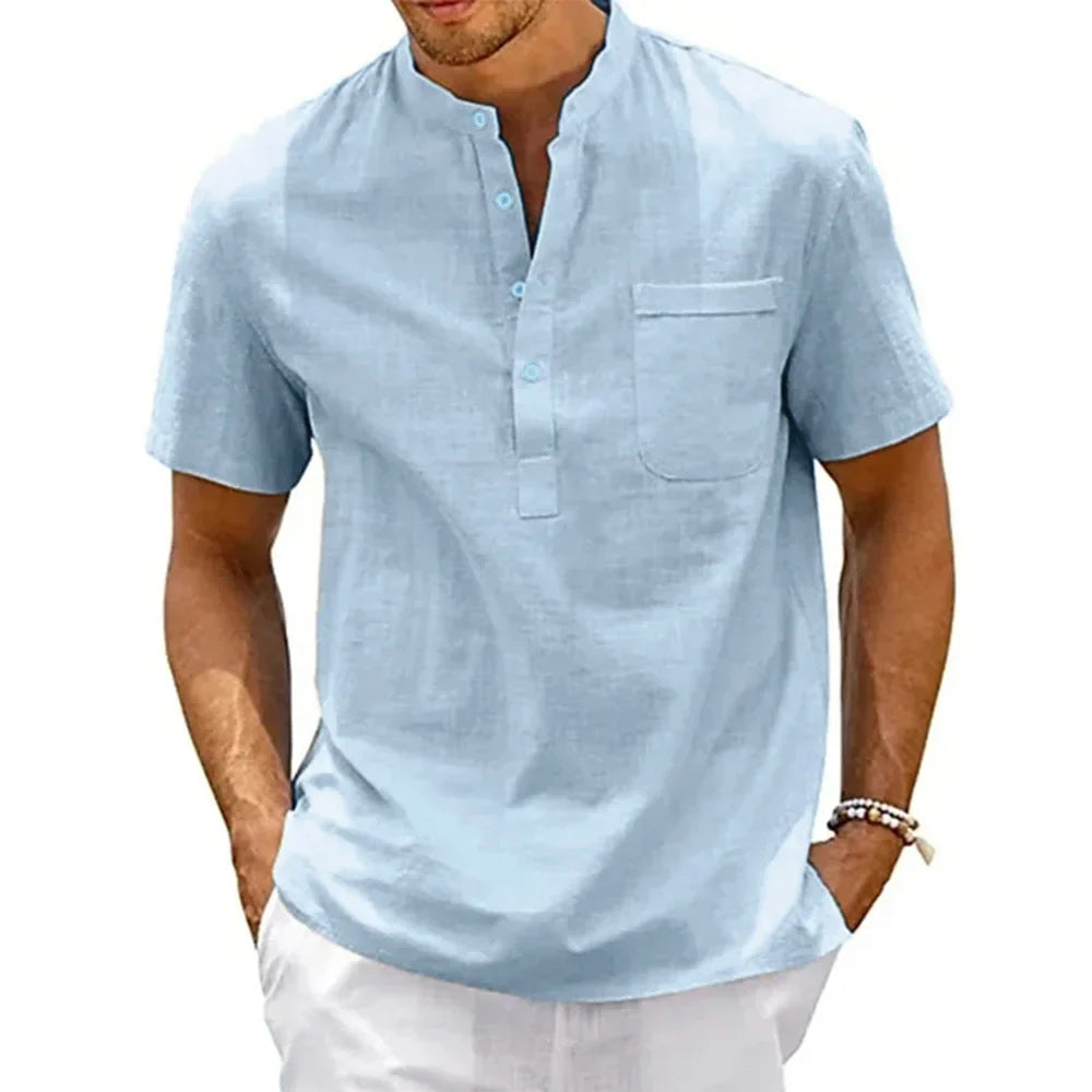 Men’s Cotton Linen Henley Shirt – Casual Vintage Short Sleeve Beach Top with Pocket