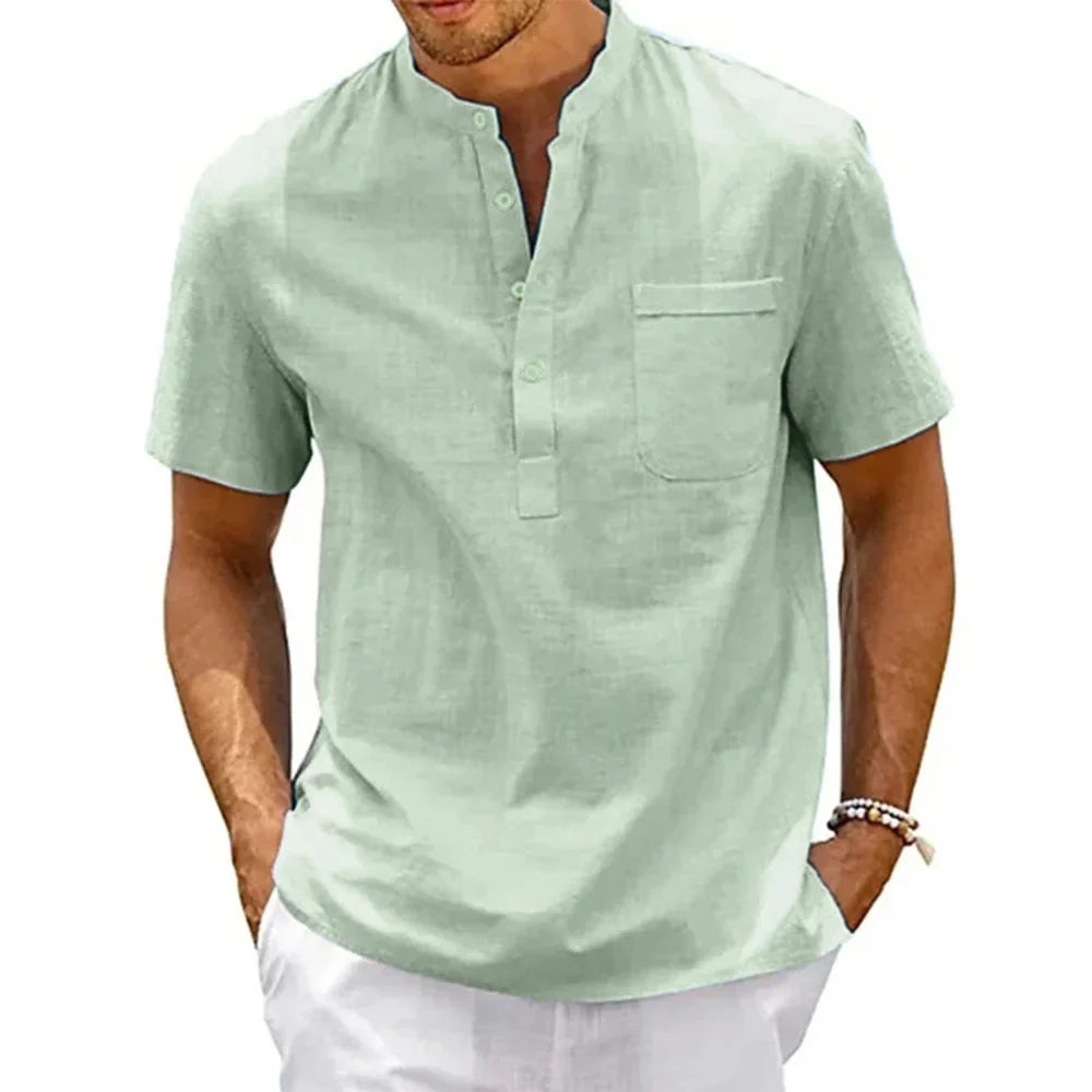 Men’s Cotton Linen Henley Shirt – Casual Vintage Short Sleeve Beach Top with Pocket