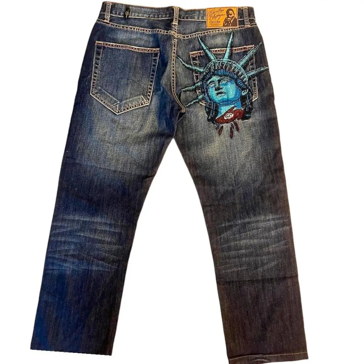 Vintage Statue of Liberty Diamond Jeans – High Waist Wide Leg Y2K Harajuku Denim Pants for Women