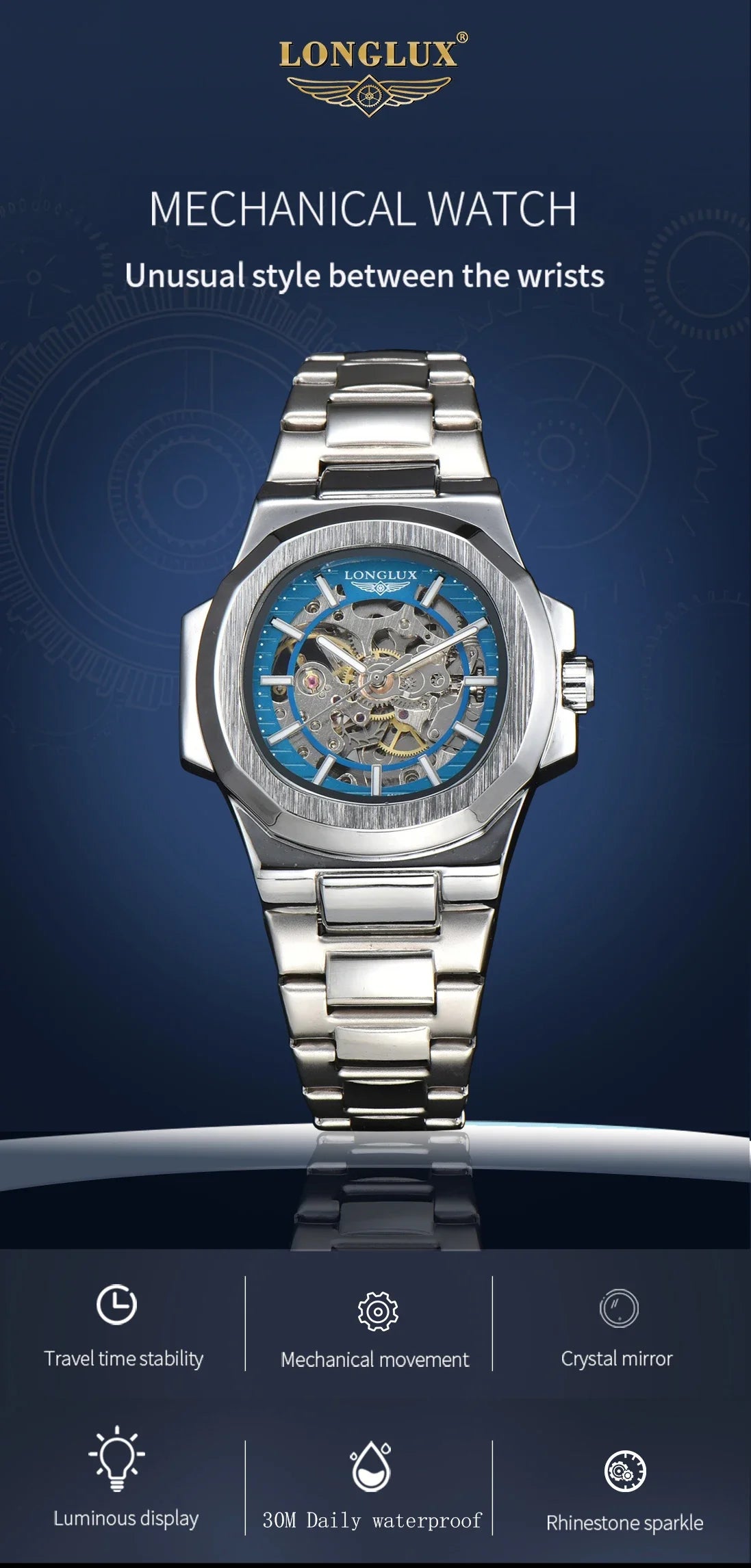 LONGLUX Luxury Automatic Skeleton Watch – Stainless Steel Waterproof Mechanical Timepiece for Men