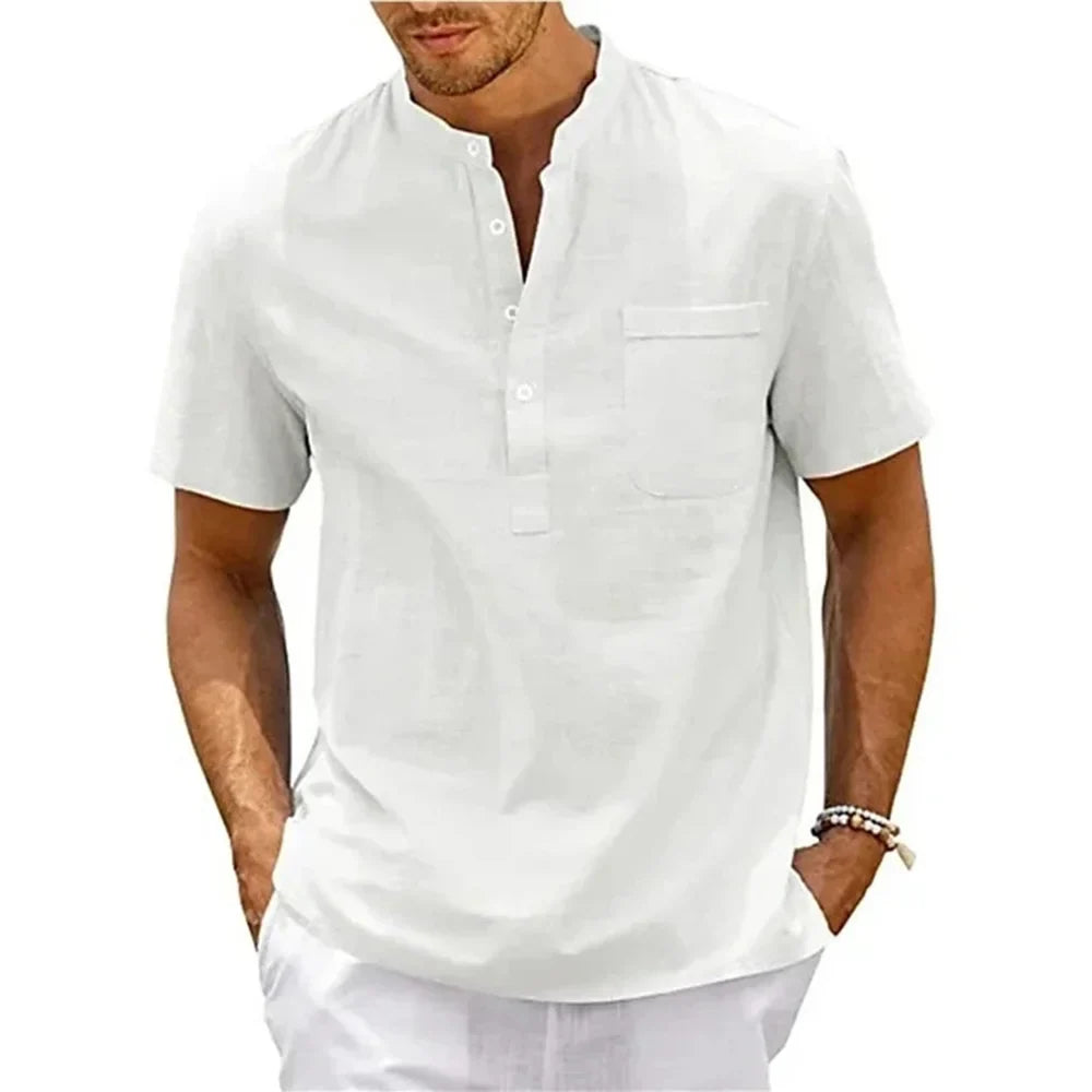 Men’s Cotton Linen Henley Shirt – Casual Vintage Short Sleeve Beach Top with Pocket