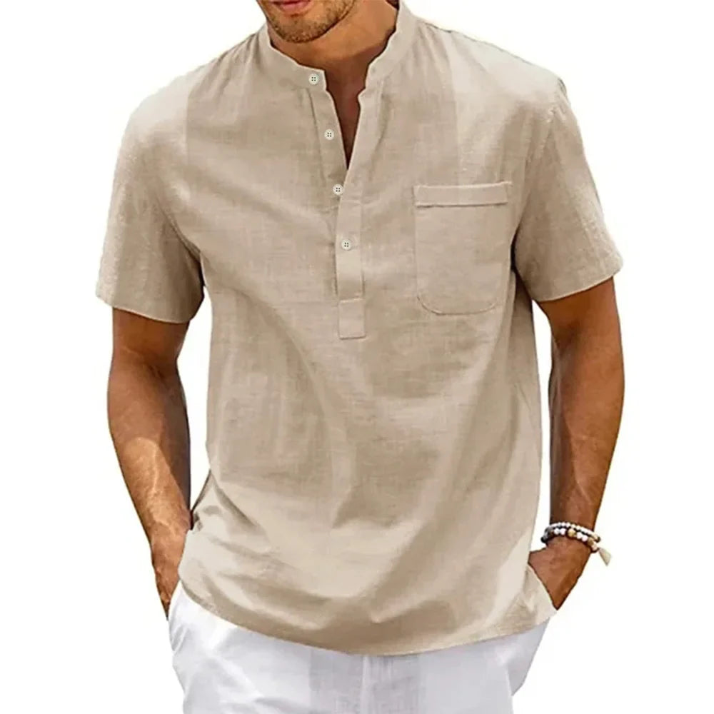 Men’s Cotton Linen Henley Shirt – Casual Vintage Short Sleeve Beach Top with Pocket