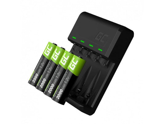 Carregador de Pilhas Greencell + 4 Pilhas Recarregáveis AA 2000mAh