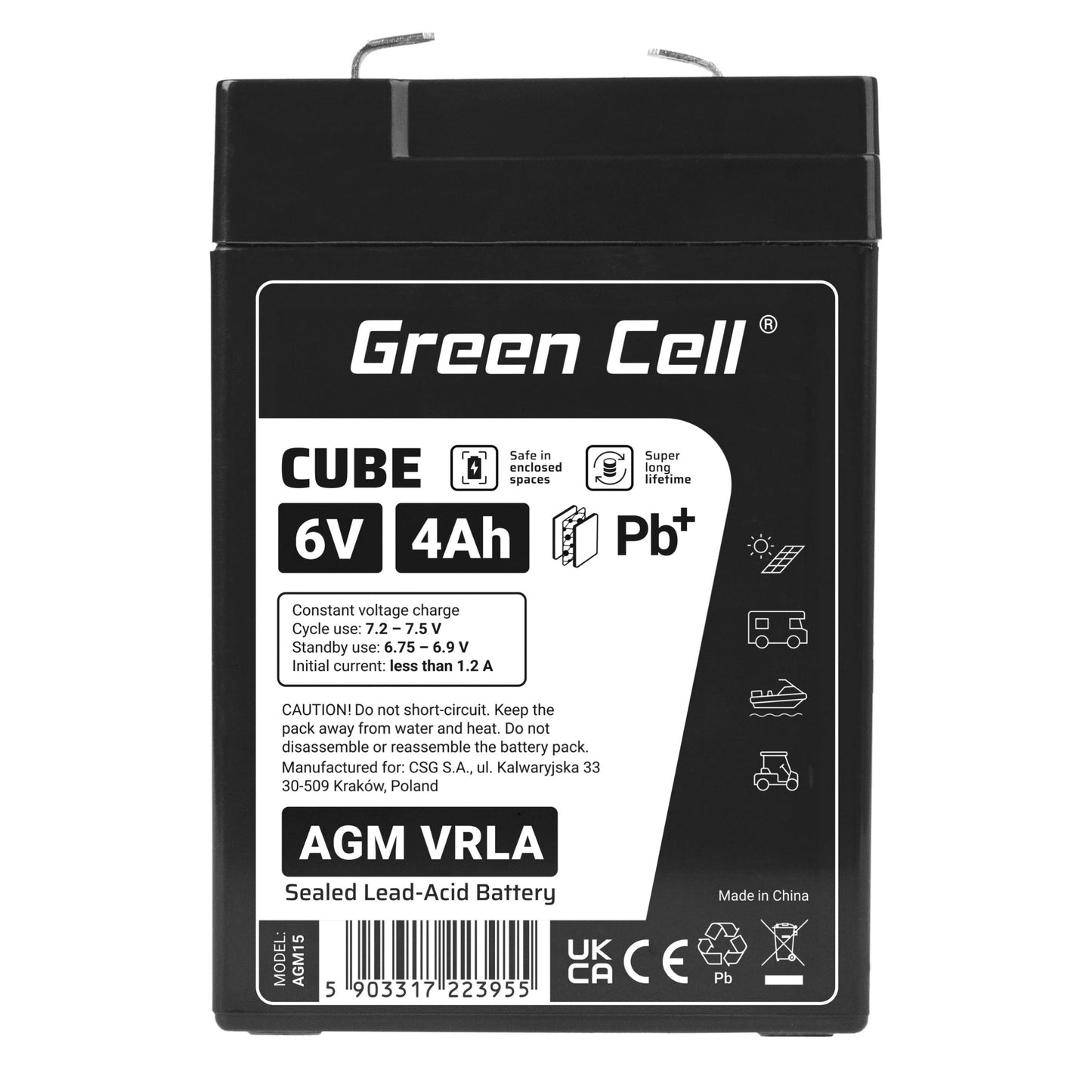 Bateria de Chumbo Gel Green Cell AGM VRLA IP54 6V 4Ah AGM6V4AH-J