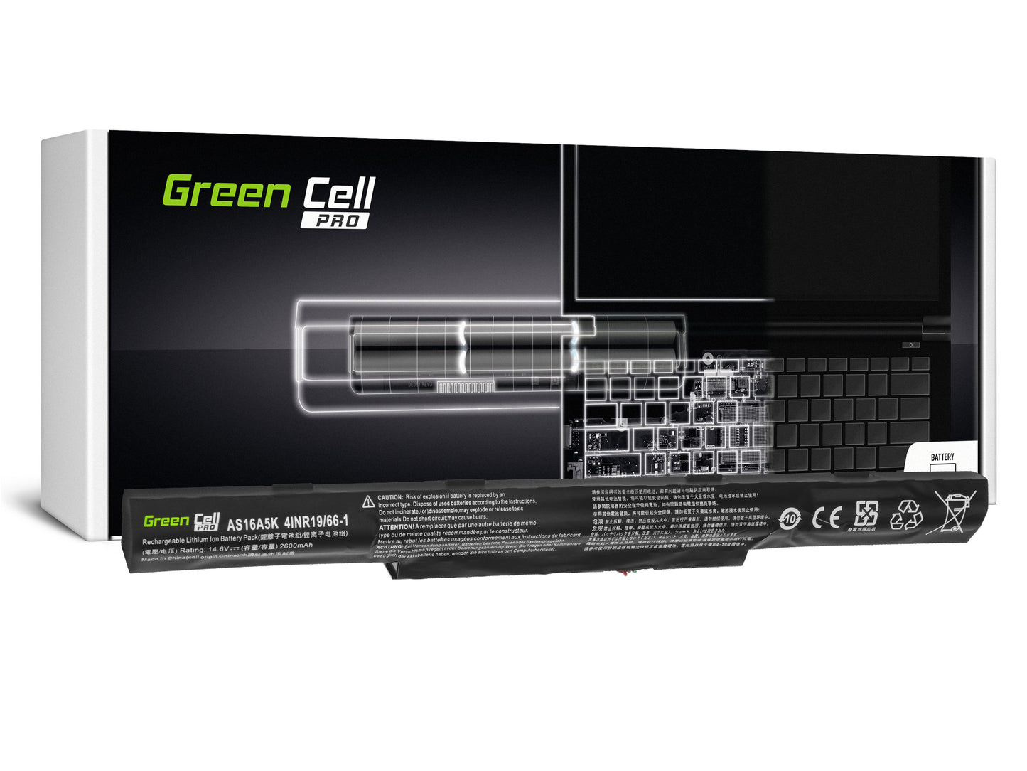Bateria Green Cell Pro As16A5K para Acer Aspire E15 E5-553 E5-553G E5-575 E5-575G F15 F5-573 F5-573G / 14,6V 2600Mah
