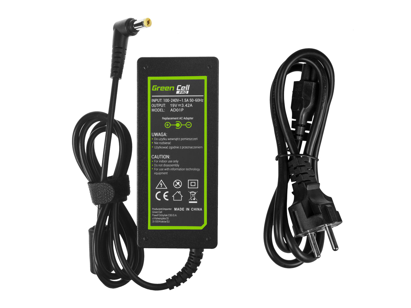 Green Cell Carregador AC Adapter Acer 60W 19V 3.42A 5.5mm-1.7mm AD01P